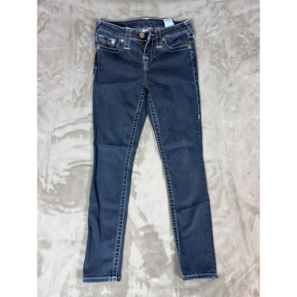 True Religion Womens Skinny Jeans Dark Wash Contrast Stitch Size 25 Low Rise